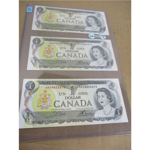 1973 CRISP UNCIRCULATED 3 SEQUENTIAL SERIAL NUMBER CANADA $1 BILLS