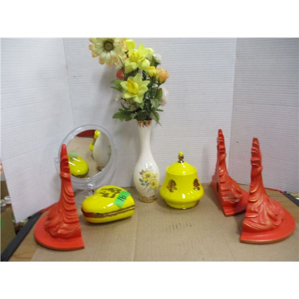 ESTATE:  BOX C/W ORNAMENTS & MIRROR