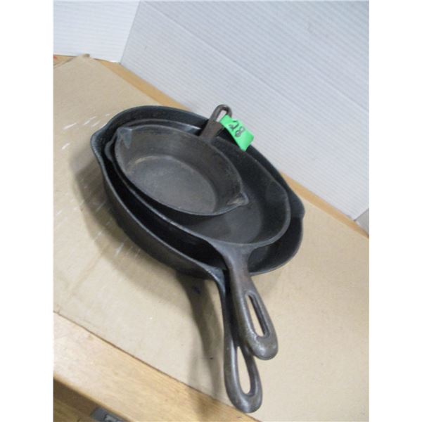 ESTATE:  CAST IRON FRYING PANS (10" MADE IN CANADA, 9" & 6")