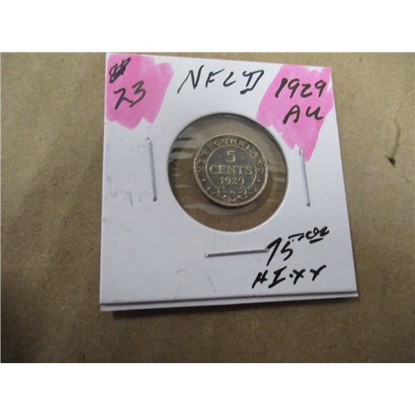 1929 AU NEWFOUNDLAND SCARCE KEYD ATE SILVER FIVE CENT