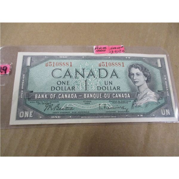 1954 BANK OF CANADA POKER HAND SERIAL NUMBER (3-8'S & 2-1'S) $1 BILL