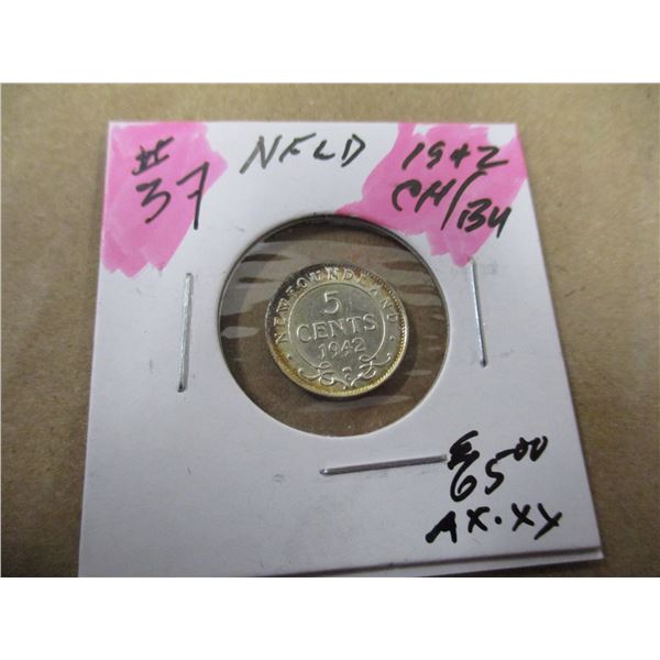 1942 CH/BU NEWFOUNDLAND SILVER 5 CENT COIN