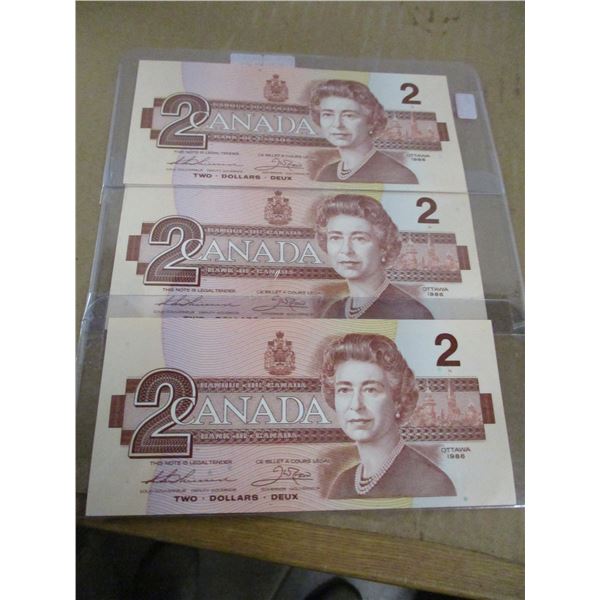 1986 BIRD SERIES UNCIRCULATED $2 BILLS (SEQUENTIAL SERIAL NUMBERS)