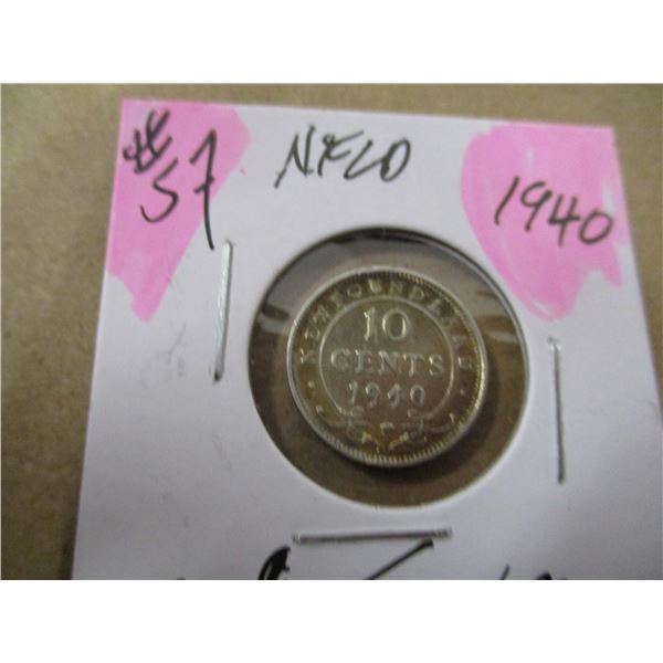 1940 NEWFOUNDLAND SILVER 10 CENT COIN