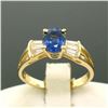 14k Yellow Gold ROYAL BLUE Sapphire Solitaire Ring Fine Baguette Diamond Accents