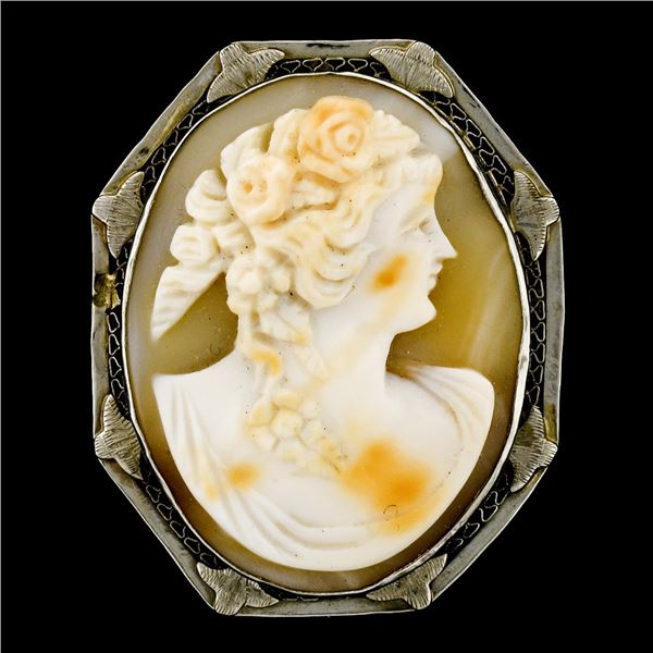 Antique 14K White Gold Carved Shell Cameo & Open Filigree Frame Brooch Pendant