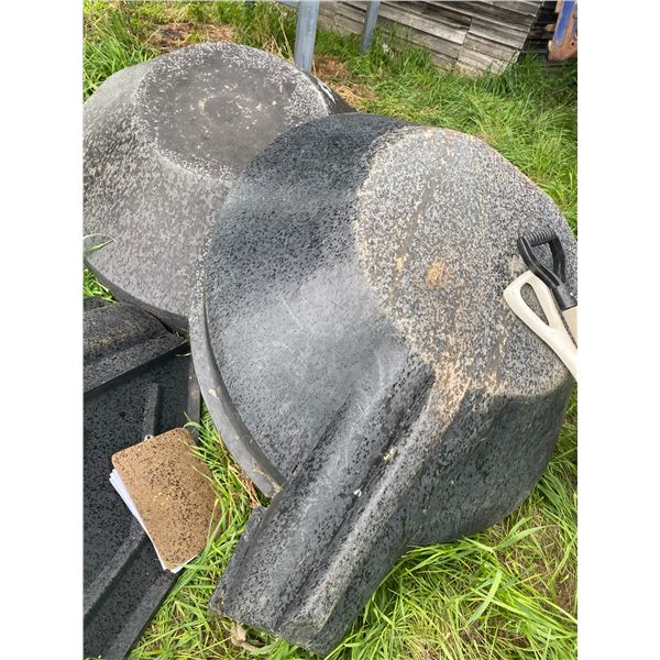 4- Plastic hoppers, damaged & 2- shovels