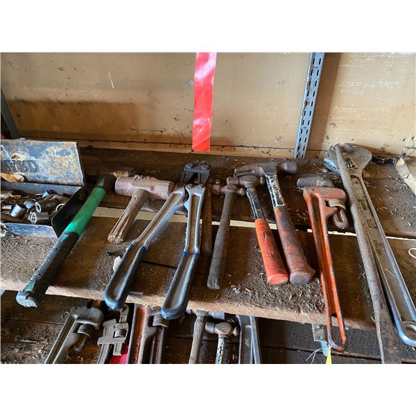 One lot of tools, bolt cutters, hammers, bars, cresent, pipe wrench Etc.