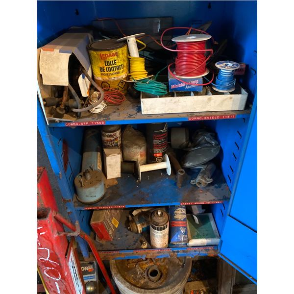 Blue cabinet c/w contents and 3 containers c/w electrical