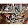 Image 14 : Misc tools, west & south wall. Plus items on shelf, items on desk & in desk, iron underneath & aroun