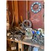 Image 1 : Misc tools, west & south wall. Plus items on shelf, items on desk & in desk, iron underneath & aroun