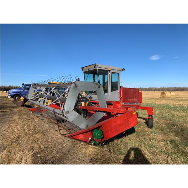 MF 885 Swather, silver cab c/w UII Pickup Reels, 34561 hrs, SN. 2934.C001190