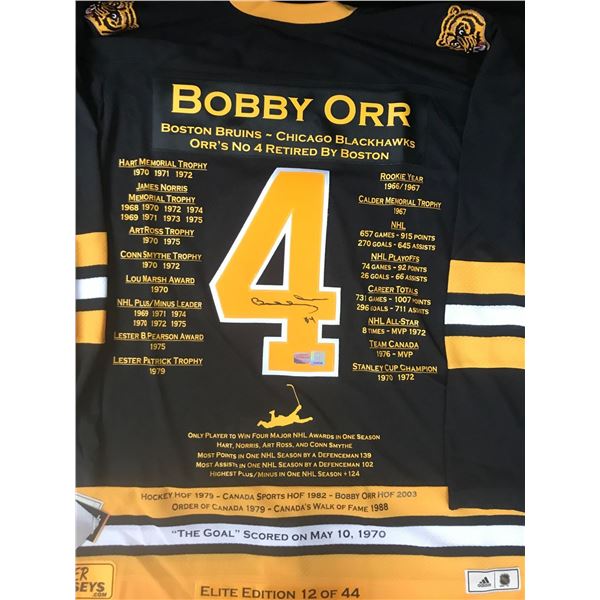 LTD. EDITION BOBBY ORR SIGNED BOSTON BRUINS CAREER STAT JERSEY (GNR COA) 12/44