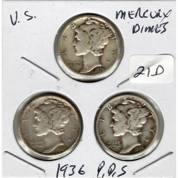 1936 P, D, S Mercury Dime Set