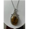 Image 2 : Genuine Tigers Eye Faux Diamond 2" Pendant On Silver Tone Necklace. Approx. 20" L