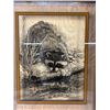Image 2 : Vintage Wood Framed Shadow Box Floating Glass Raccoon Drawing By Dennis Curry. Approx. 20" x 20 3/4"