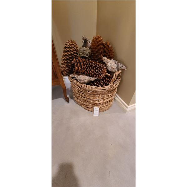 Basket, Pine Cones, Birds A
