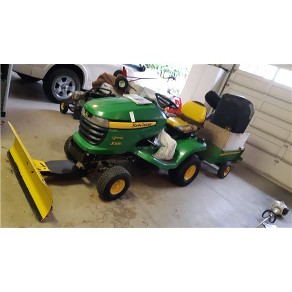 John Deere X300 Tractor Mower, Plow & Trailer C