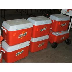 (6) ICE CHESTS, (1) RUBBERMAID & WHEELS