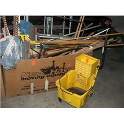 (1) MOP BUCKET & BOX OF BROOMS,
