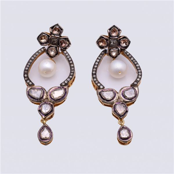 Pair of Mogul Style Silver Topped Gold Pearl & Polki Diamond Earrings