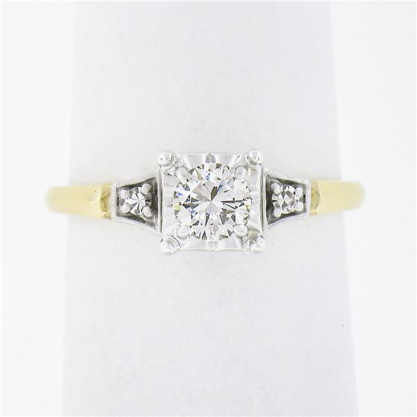 Vintage 14k TT Gold Illusion Prong Round Diamond Three 3 Stone Engagement Ring