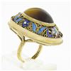 Image 8 : Vintage 14k Gold Bezel Tiger's Eye LARGE Oval Floral Enamel Filigree Frame Ring