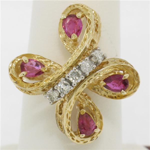 Vintage Detailed 14k Yellow Gold 1.35 ctw Pear Ruby Round Diamond Open Butterfly