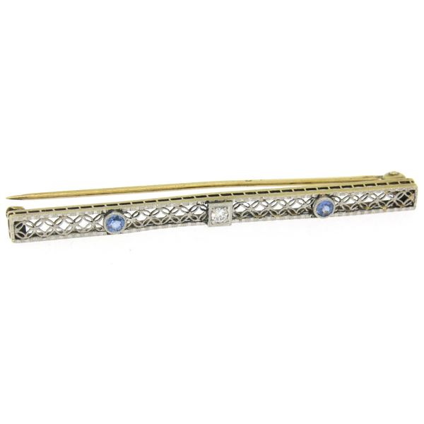 Antique Two Tone 14k Gold Diamond & Synthetic Sapphire Open Filigree Bar Pin