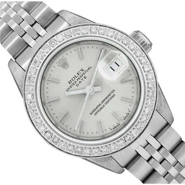 Rolex Ladies Stainless Steel Quickset Silver Index Diamond Bezel Date Watch With