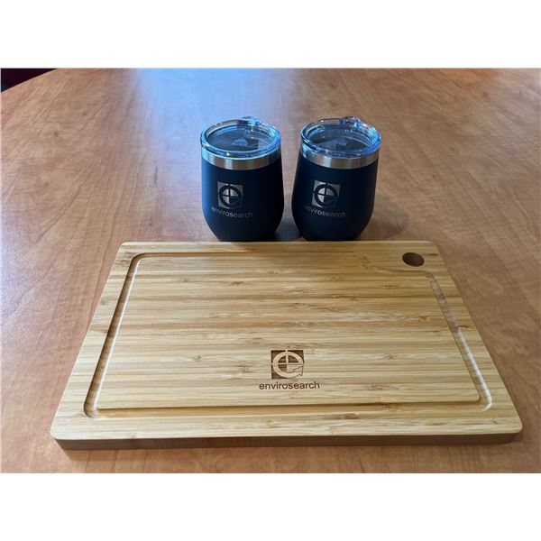 Bamboo Cutting Board and two thermal tumblers