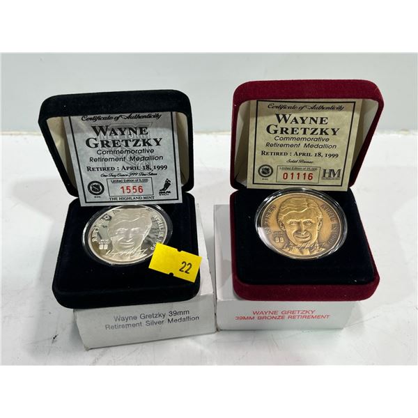 Pair of Wayne Gretzky Commemorative Retirement Medallions Bronze and 99.99% Silver
