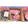Image 2 : 2 ILLUMINATED LED SIGNS, A BOX OF PINK PURSES, PICTURE FRAMES, COAT HANGERS, 3 PINK TUMBLERS,