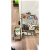 Image 1 : 2 TIER CHROME RACK WITH ASSORTED SMALL HAND TOOLS, CLAMPS, SPRAY PAINT, BOX OF SILICONE SEALANT,