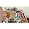 Image 2 : 2 TIER CHROME RACK WITH ASSORTED SMALL HAND TOOLS, CLAMPS, SPRAY PAINT, BOX OF SILICONE SEALANT,