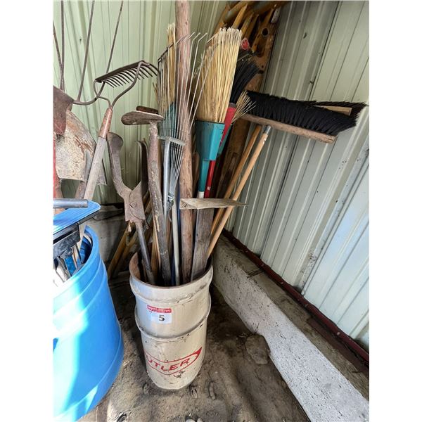 Steel Barrel, Brooms, Hoe, Posthole Digger