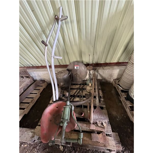 Saw Mandrel Blade, Lanterns, Barrel Pump, Hayknife, 2 Scythes