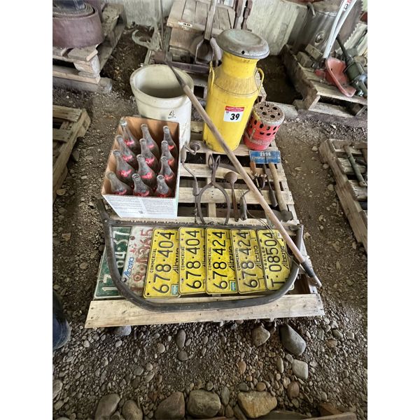 Licence Plates, Bottles, 4gal Crock, Can, Heater, Saw
