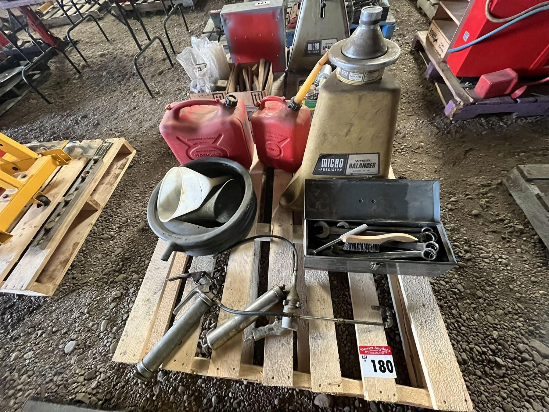 Wheel Balancer, Gas Cans, Grease Guns, Oil Pan, Tool Box with Wrenches