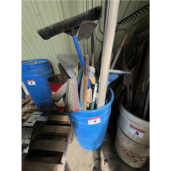 Barrel of Misc Shovels, Forks, Window Cleaners