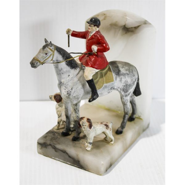 ALABASTER BOOK END W/ HORSE RIDER AND HUNTING DOGS