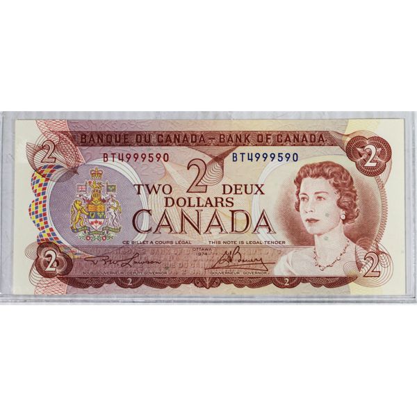 1974 CRISP UNC CANADA $2 BANKNOTE - POKER HAND