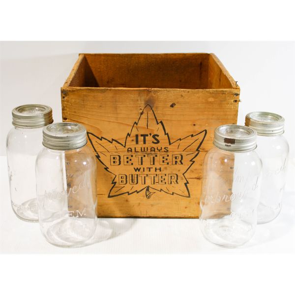 VINT. CANNING JARS IN "IT'S ALWAYS BETTER WITH BUTTER" CRATE