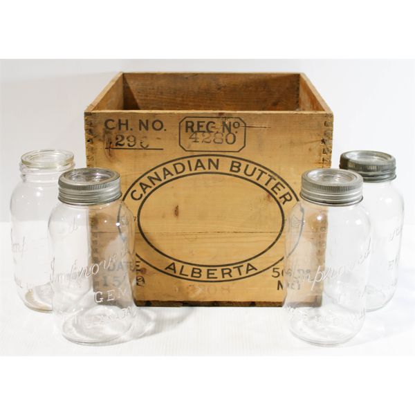 VINT. CANNING JARS IN "CANADIAN BUTTER ALBERTA" CRATES