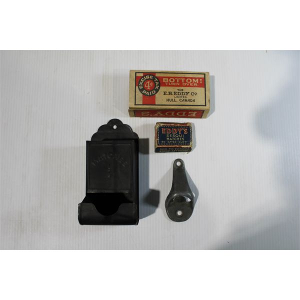 VINT. BOTTLE OPENER & MATCH STICK WALL MOUNT TIN