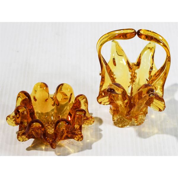 TWO SMALL AMBER TONED ART GLASS PIECES
