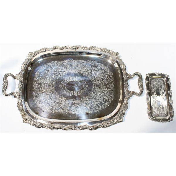 LARGE HEAVY SILVER-PLATED SERVING PLATTER WITH BUTTER TRAY.