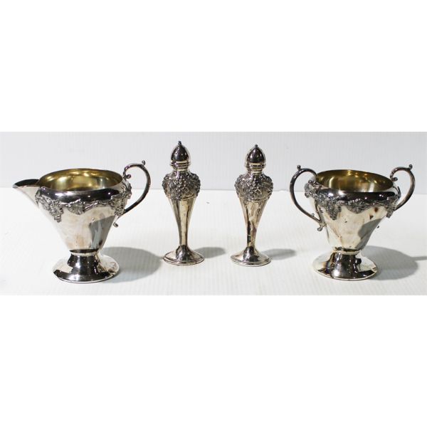 SILVER-PLATED SALT & PEPPER SHAKERS + CREAM JUG & SUGAR BOWL