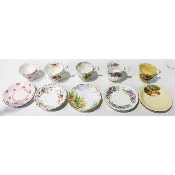 5 ASST. BONE CHINA TEA CUPS & SAUCERS.