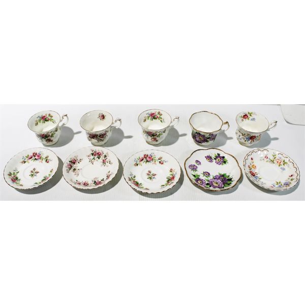 5 ASST. BONE CHINA TEA CUPS & SAUCERS.